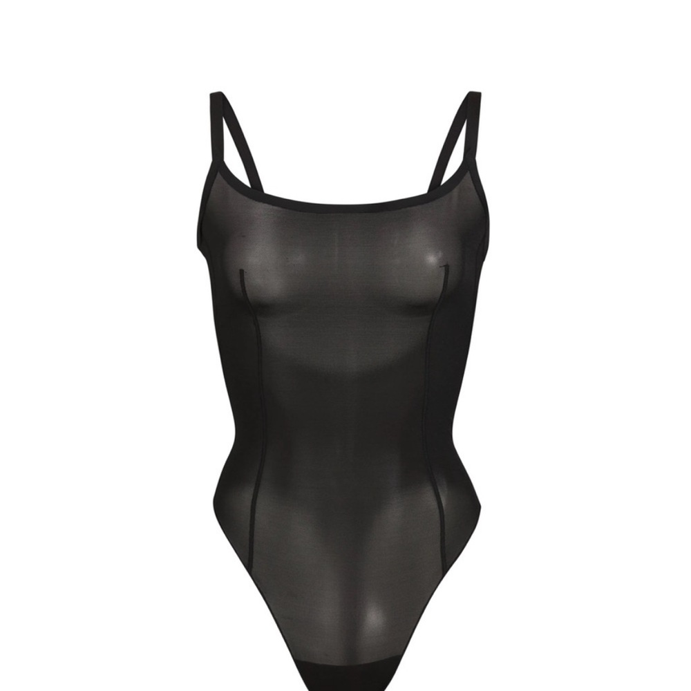 Skims Sheer Sculpt Thong Bodysuit in Onyx